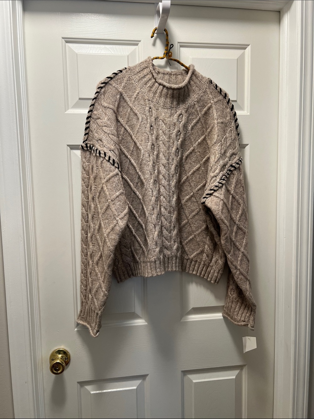 Bobeau Taupe Cable Knit Mock Neck Sweater with Contrast Trim
